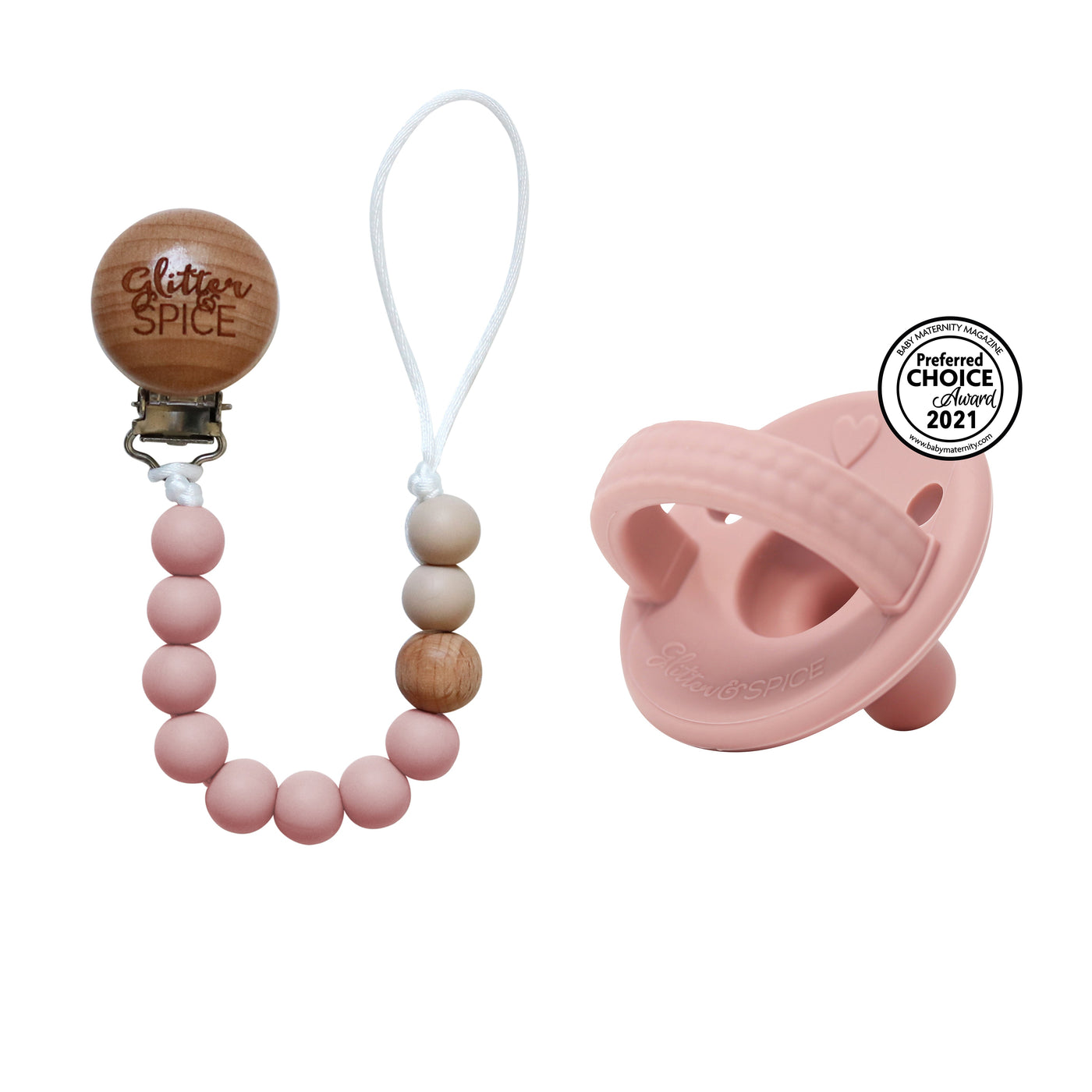 Silicone Pacifier Clip - Dusty Rose - Glitter & Spice Canada