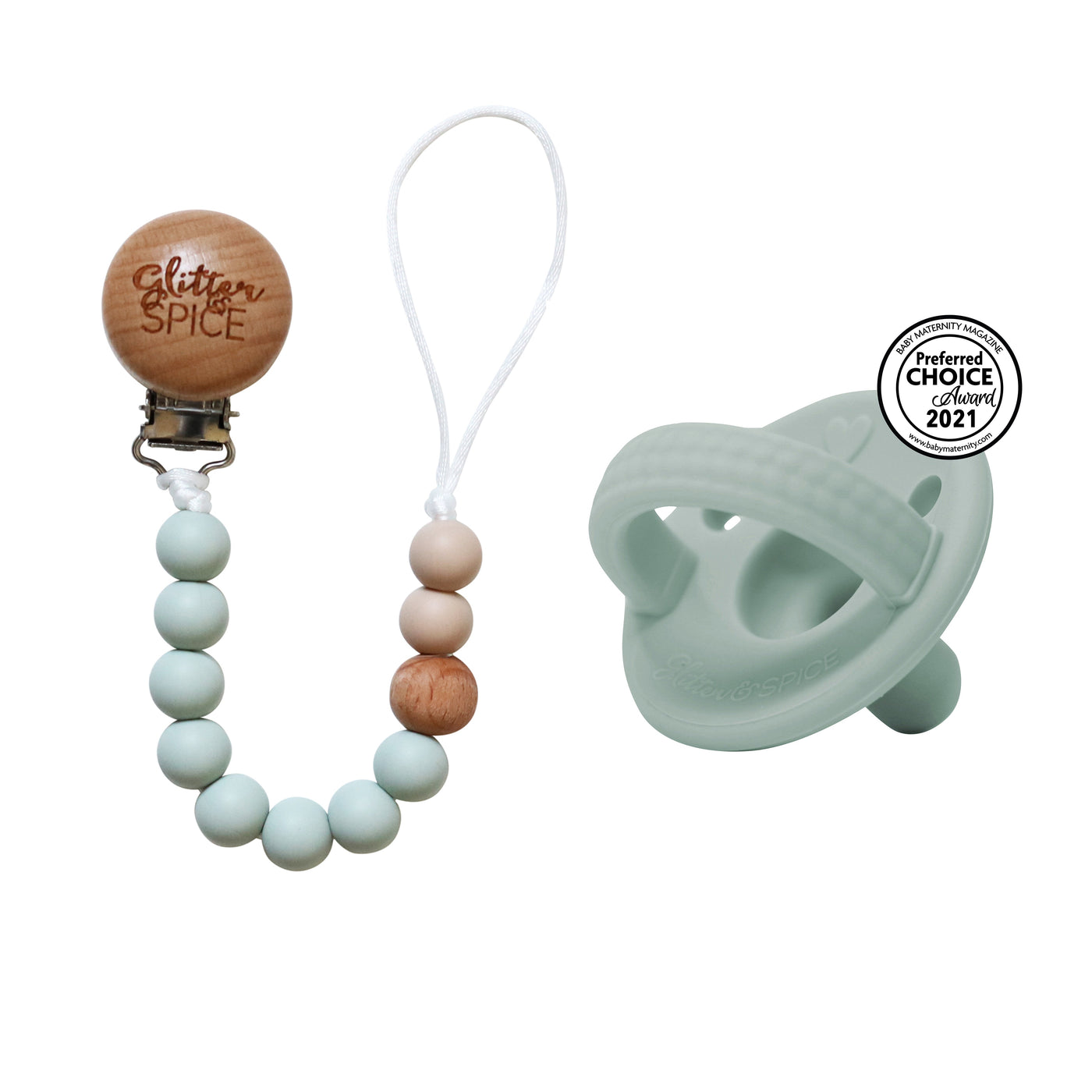 Silicone Pacifier Clip - Sage - Glitter & Spice Canada