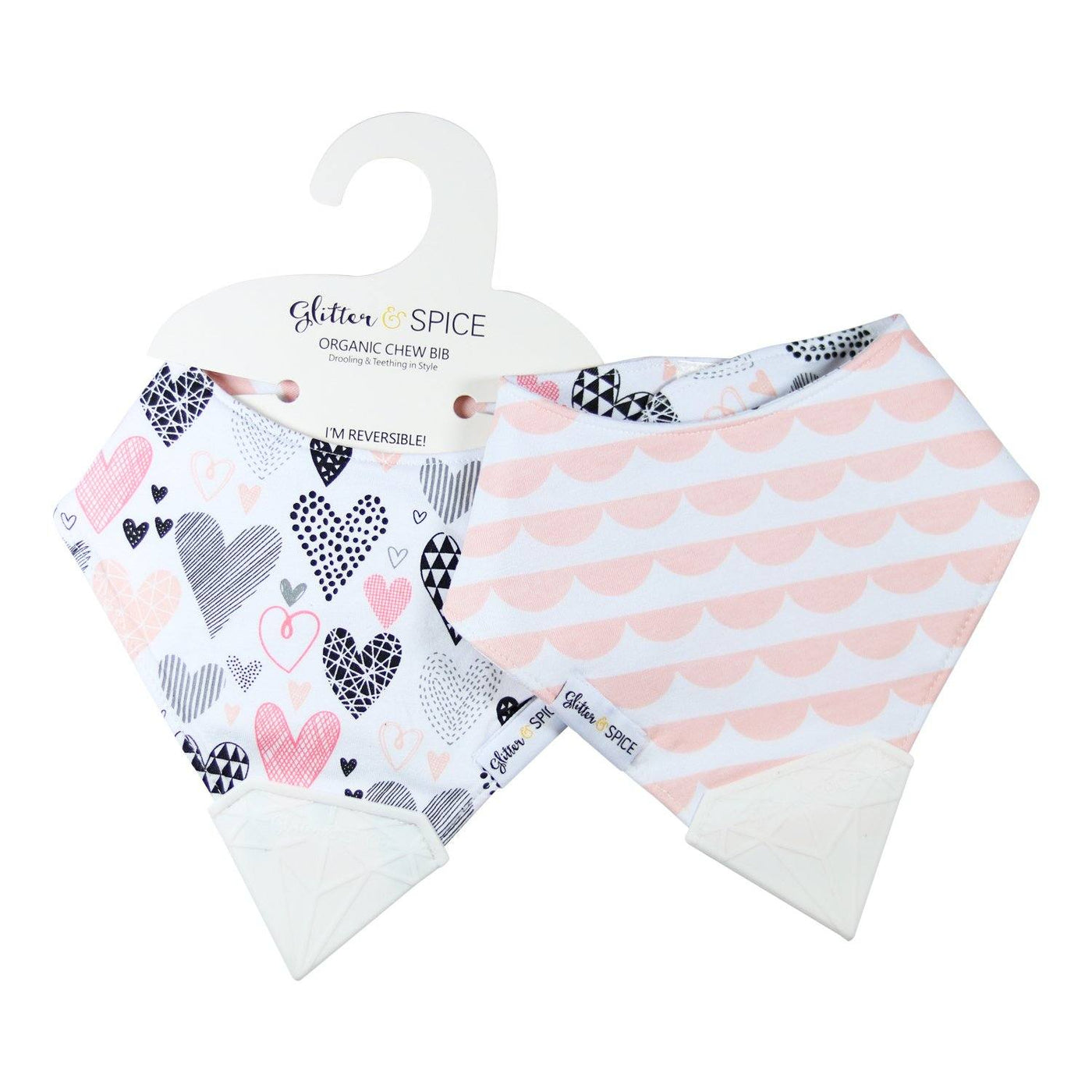 Double Sided Organic Chew Bib - Geo Hearts / Scallop Trim - Glitter & Spice