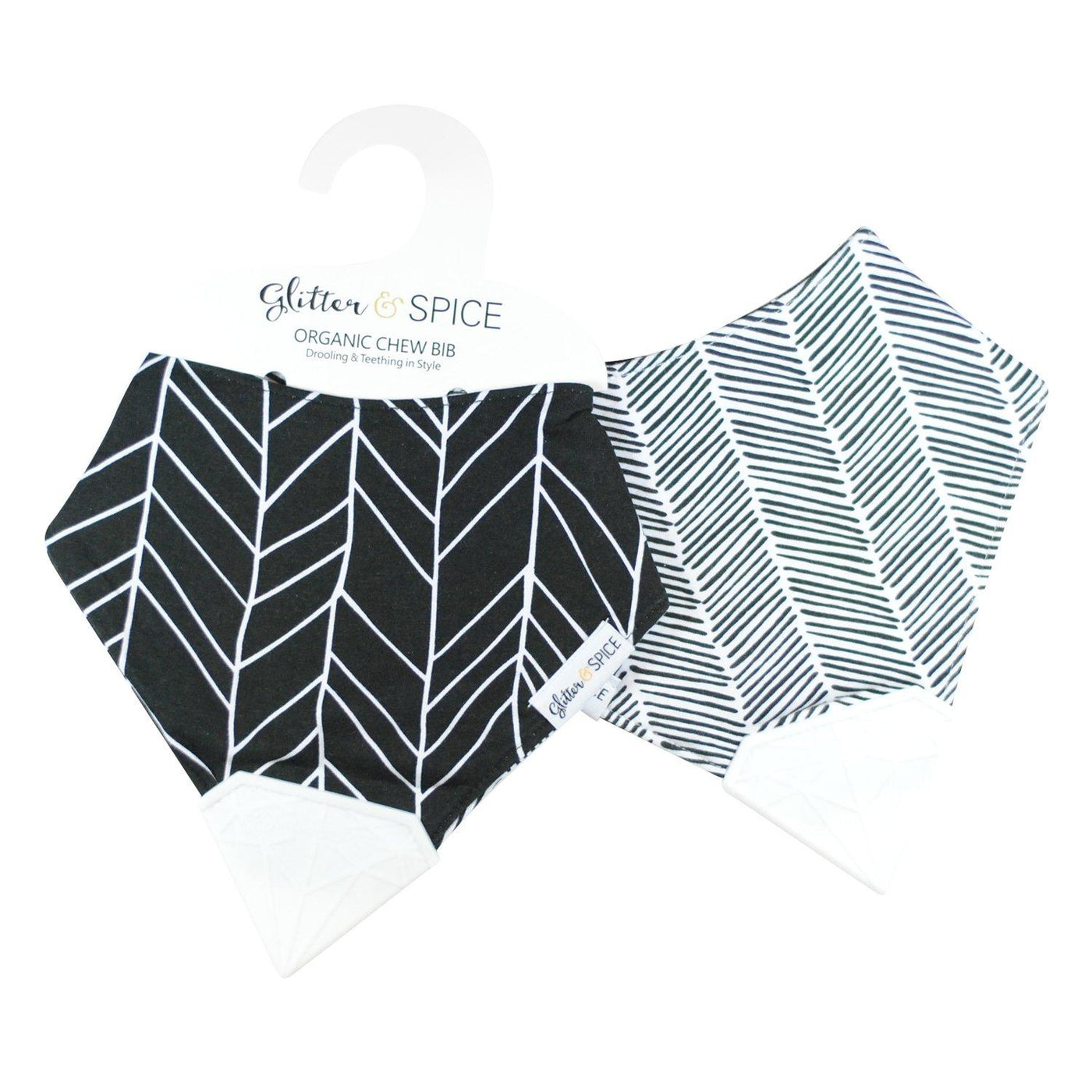 Double Sided Organic Chew Bib - Onyx & Snow Herringbone - Glitter & Spice